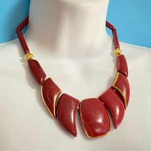 Vintage Ceramic Cranberry Dark Red & Gold Accents Statement Necklace Japan